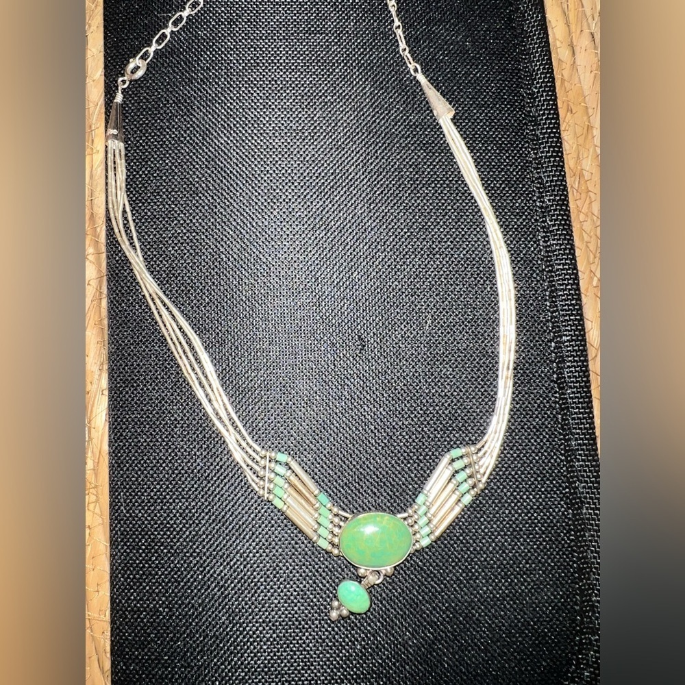 Sterling Liquid Silver Heshi Green Turquoise 5 Strand Necklace in box - Picture 2 of 11